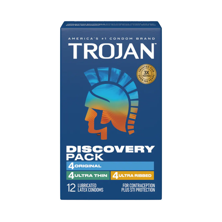 frontside of Trojan Assorted Condoms Discovery Pack 12 pack 