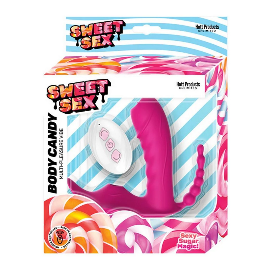 Sweet Sex Body Candy Silicone Rechargeable Stimulator with Remote Control - Magenta body candy as seen inside packaging 