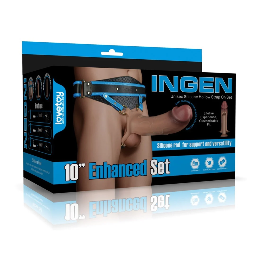 beige INGEN 10 inch Enhanced Hollow Strap-on Set as seen inside of packaging 