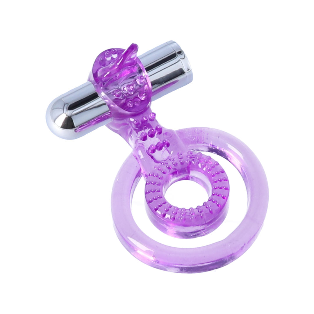 full product view of jelly purple Vibrating Dual Cock Ring with Clit Teasing Tongue rechargeable 