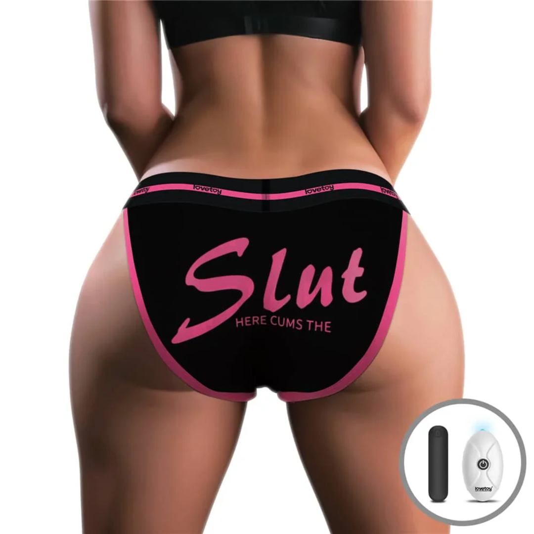 backside of INGEN Printed Slut Vibrating Sexy Panties with a bullet vibrator and remote 