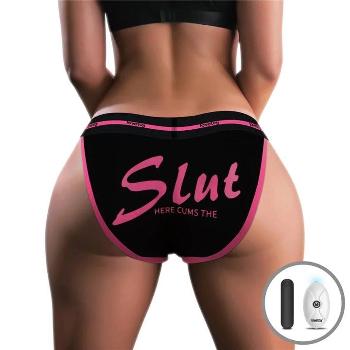 backside of INGEN Printed Slut Vibrating Sexy Panties with a bullet vibrator and remote 