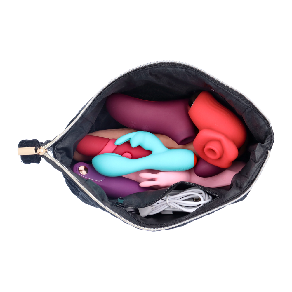 birds eye view of Quilted Fabric Storage Bag full of toys 