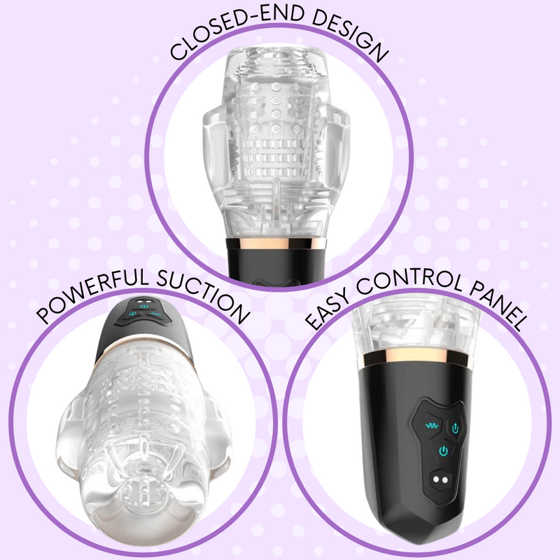 Three close-up shots of the sucking & vibrating masturbator showing that is has a closed-end design, powerful suction, and an easy control panel.