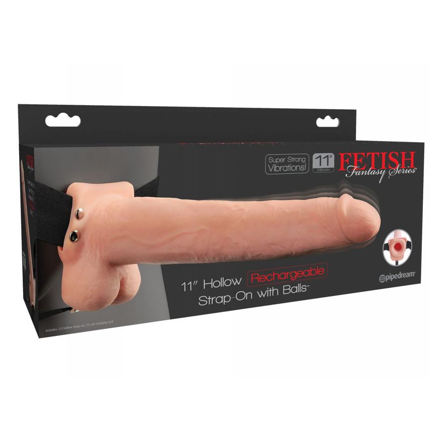 Fetish Fantasy Series Hollow Rechargeable Strap-On Dildo with Balls and Harness 11in as seen inside of packaging 