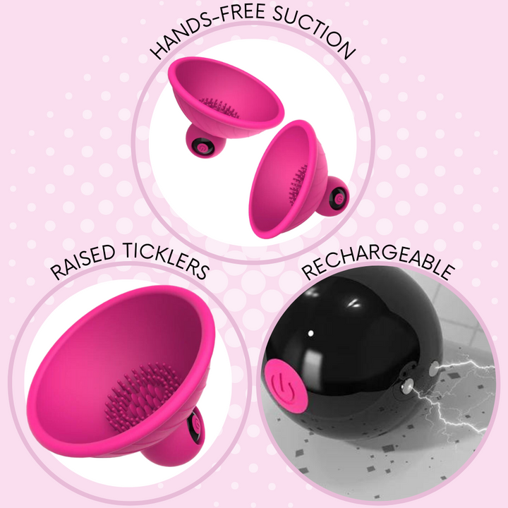 3 close-up images of the vibrating nipple suckers showing that it's hands-free, has raised ticklers, and is rechargeable.