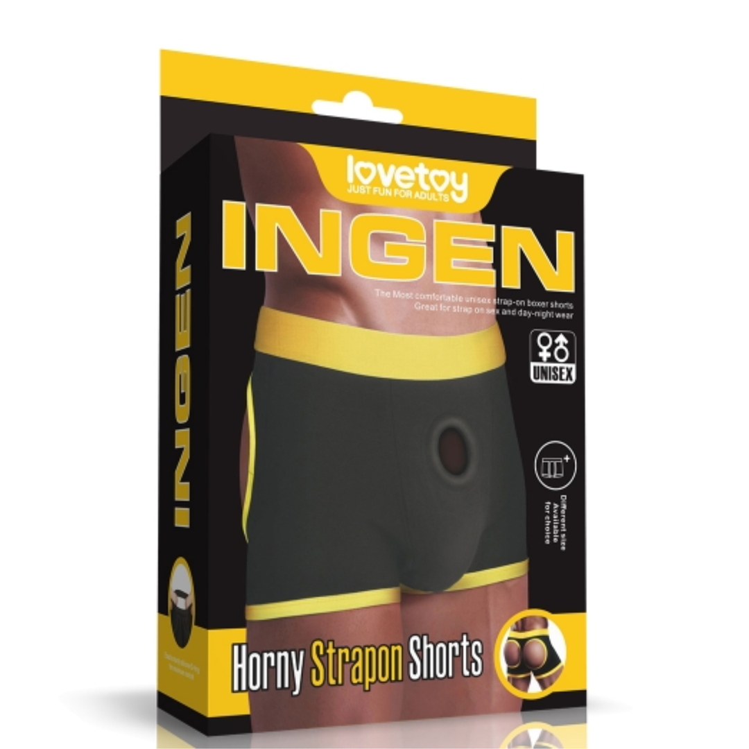 INGEN Horny Strap-on Shorts as seen inside of packaging 