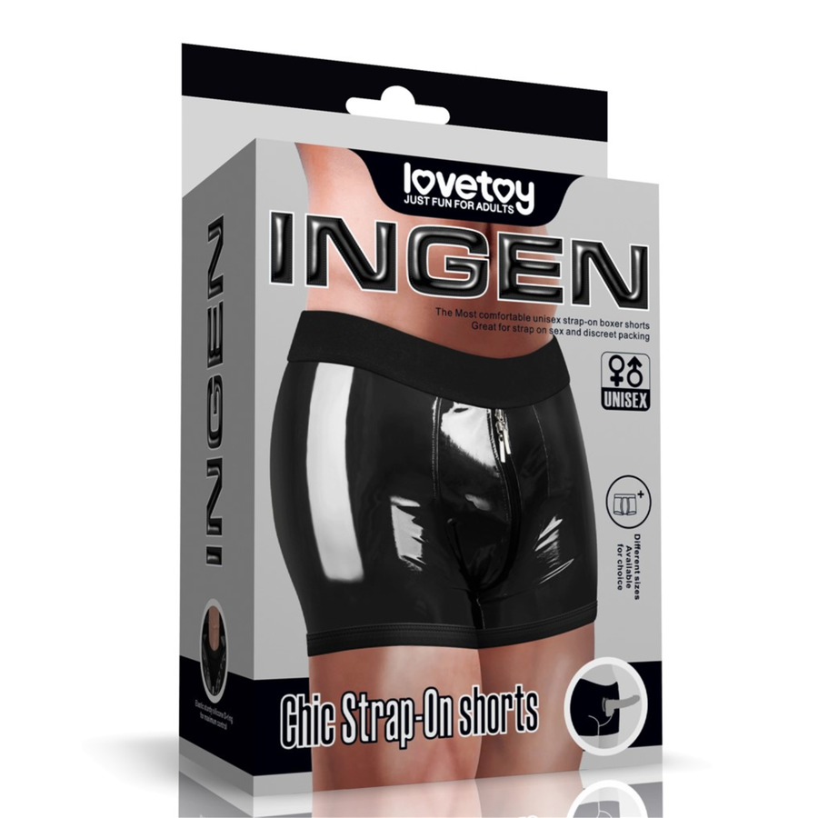 INGEN Chic Strap-On Shorts as seen inside of packaging 
