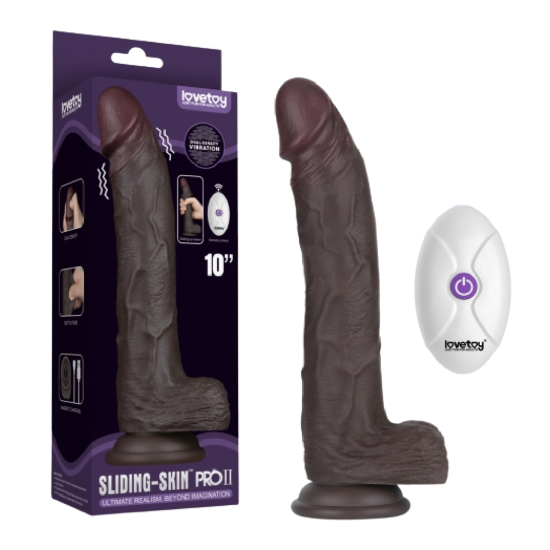 10 inch Vibrating Sliding Skin Pro II Silicone Dildo as seen next to packaging 