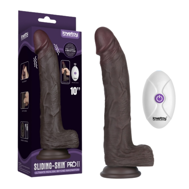10 inch Vibrating Sliding Skin Pro II Silicone Dildo as seen next to packaging 