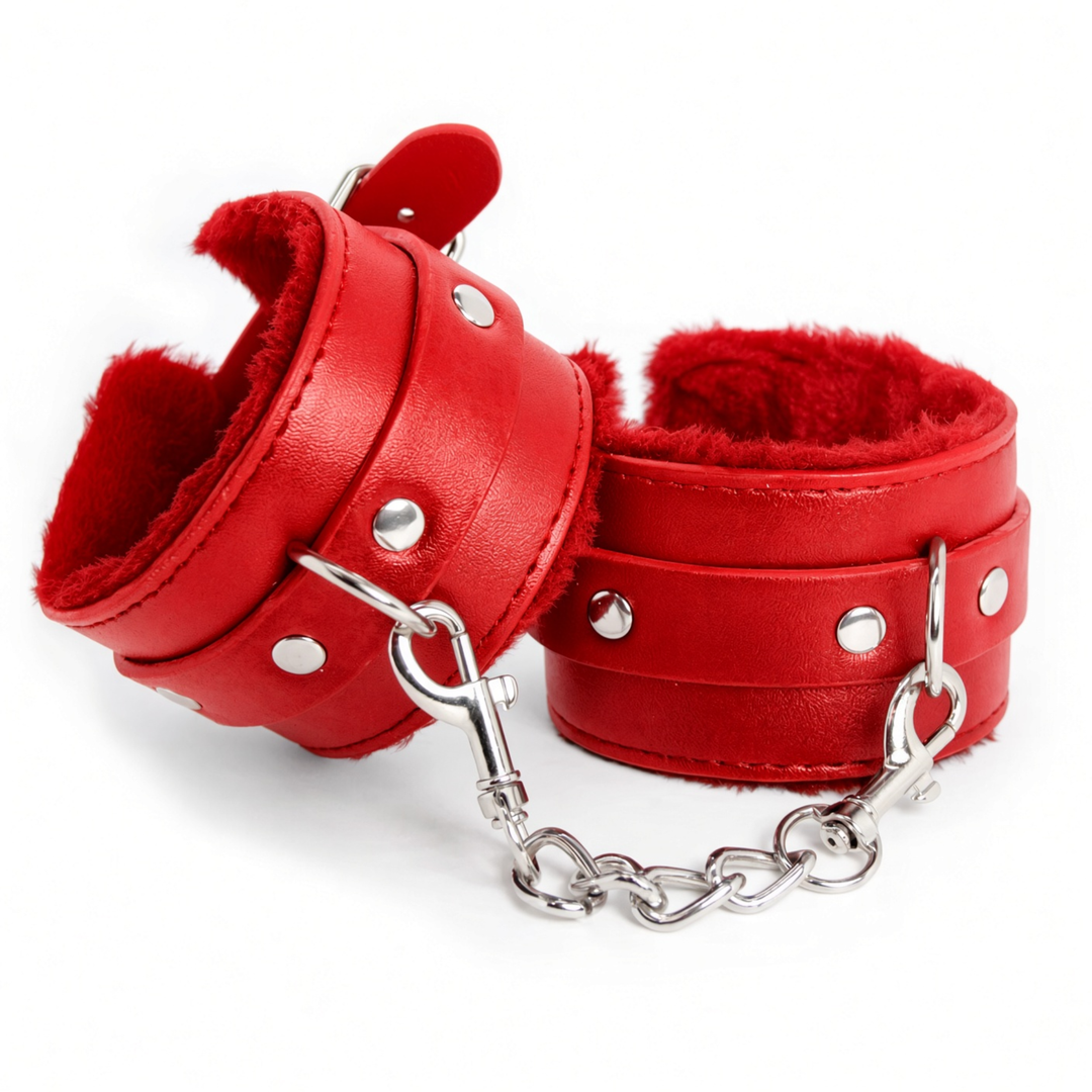 red Adjustable Leather Faux Fur Lined Wrist Cuffs