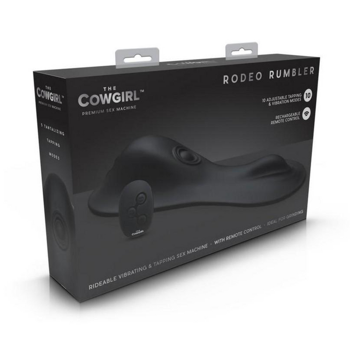 Cowgirl Rodeo Rumbler Grinding Vibrating Tapping Rechargeable Silicone Dildo as seen inside of packaging 