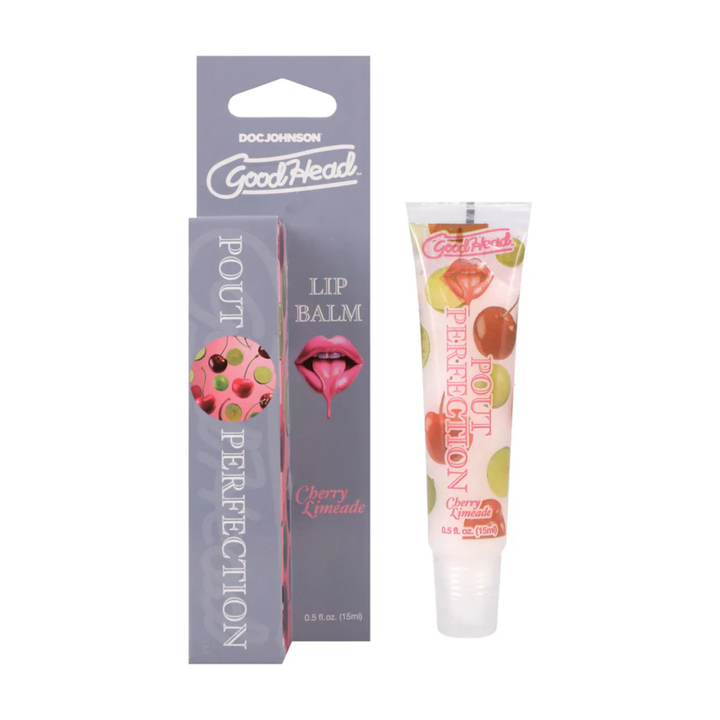 cherry limeade GoodHead Pout Perfection Lip Balm as seen next to packaging 