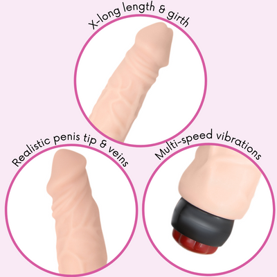 This dildo is x-long in length & girth, realistic penis tip & veins, multi-speed vibrations