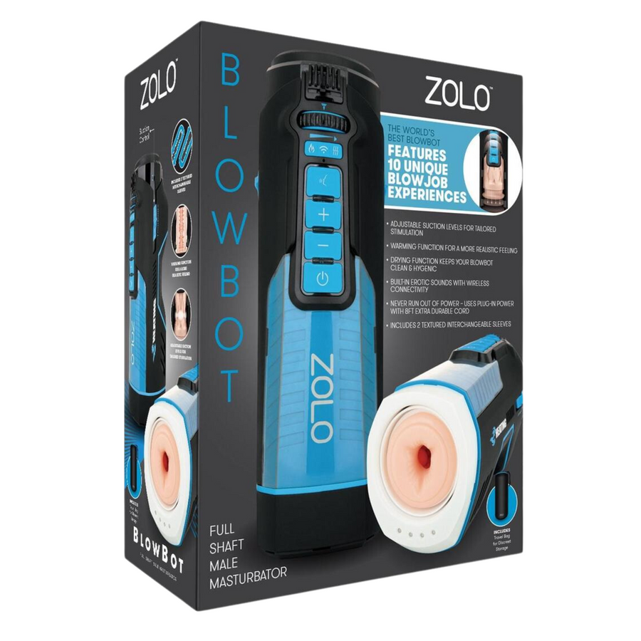 manufacturer's packaging for ZOLO Blowbot Full Shaft Male Blowjob Masturbator - Blue/Black