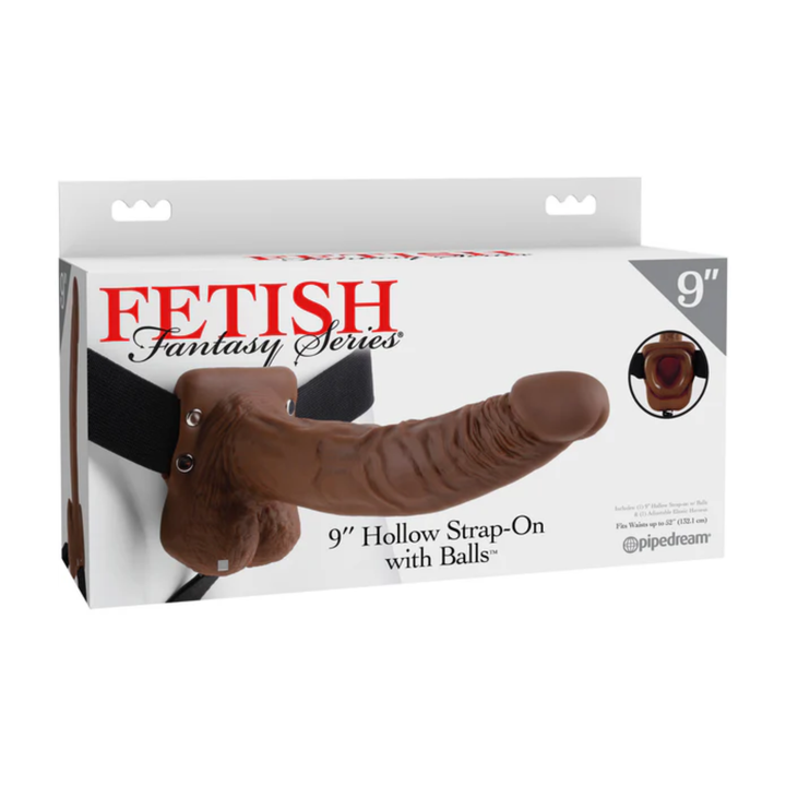 brown Fetish Fantasy 9 inch Hollow Strap On as seen inside of packaging 