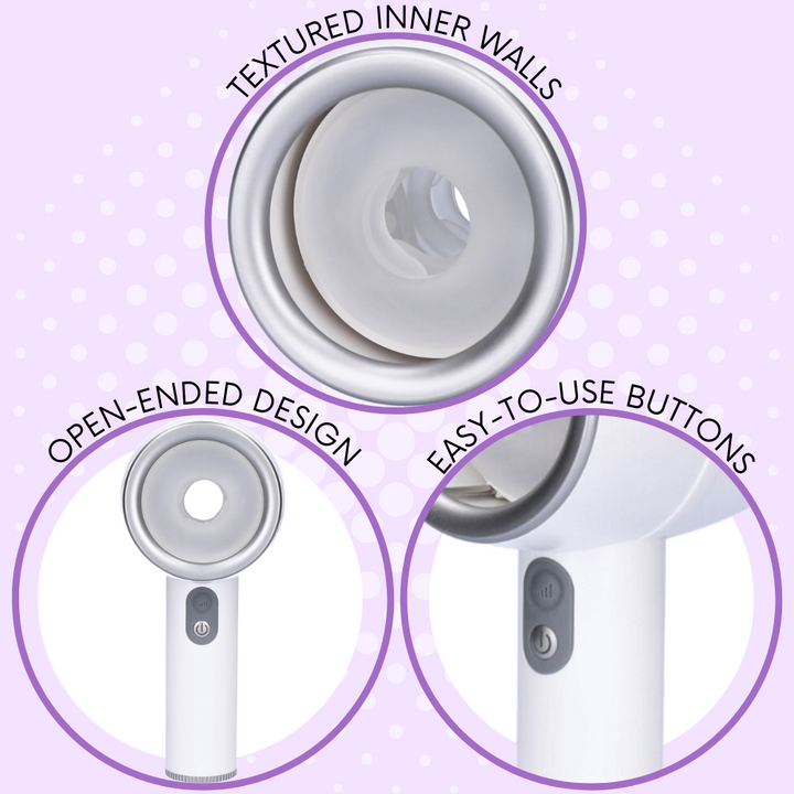 3 close-up views of the thrusting masturbator showing that it has textured inner walls, an open-ended design, and easy-to-use buttons.