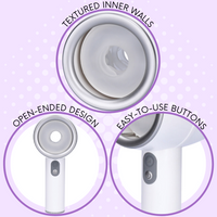 3 close-up views of the thrusting masturbator showing that it has textured inner walls, an open-ended design, and easy-to-use buttons.