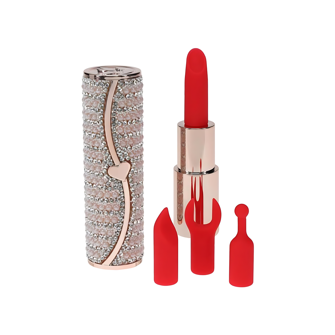 full product contents from Loveline Candy Lipstick Rechargeable Silicone Vibrator with Interchangeable Heads