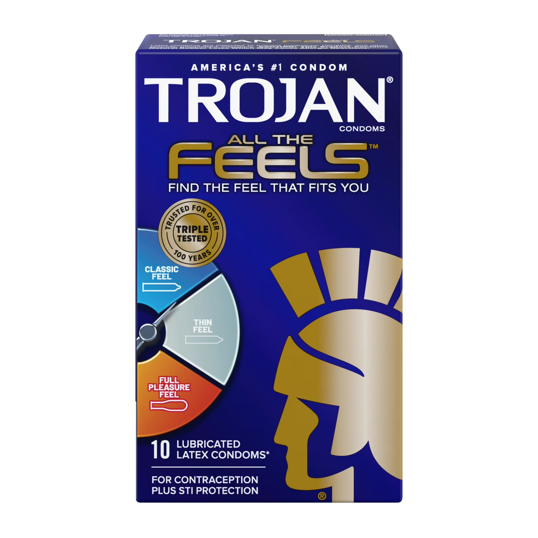 frontside of Trojan All The Feels Latex Condoms 10 Pack inside packaging 