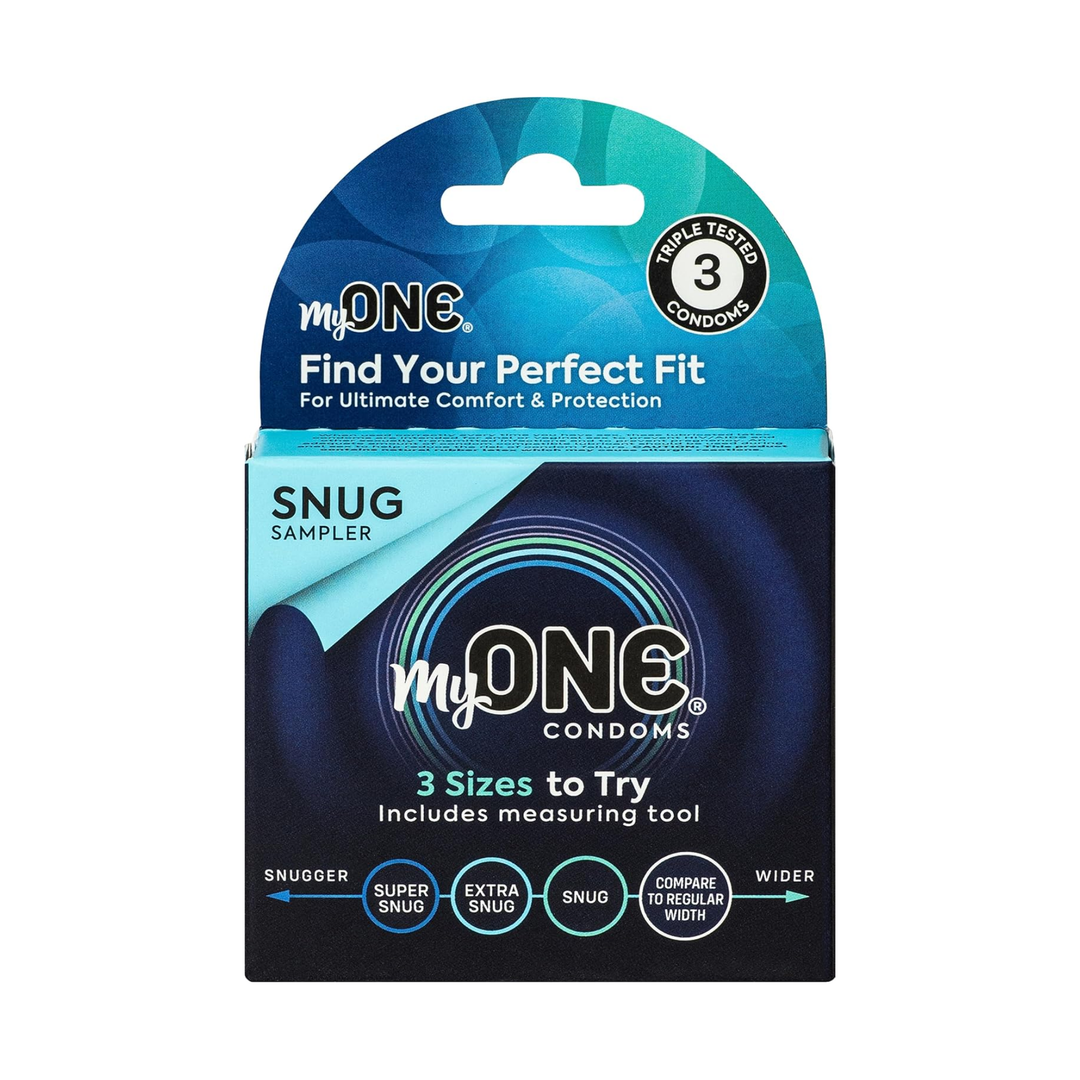frontside of My ONE Snug Condoms Sampler 3-Pack packaging 