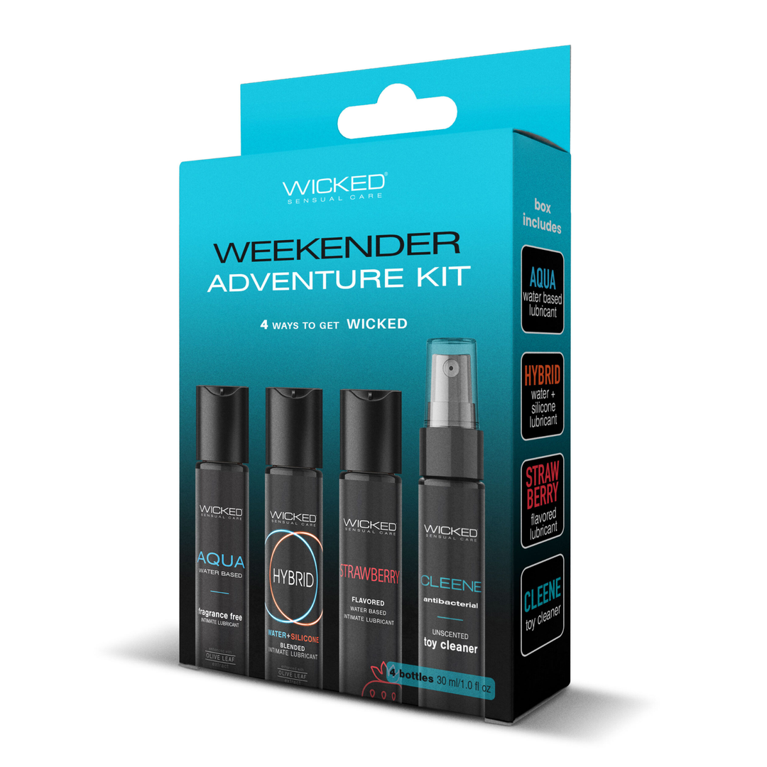 frontside of Wicked Weekend Adventure Kit aqua, hybrid, strawberry, cleene toy cleaner 