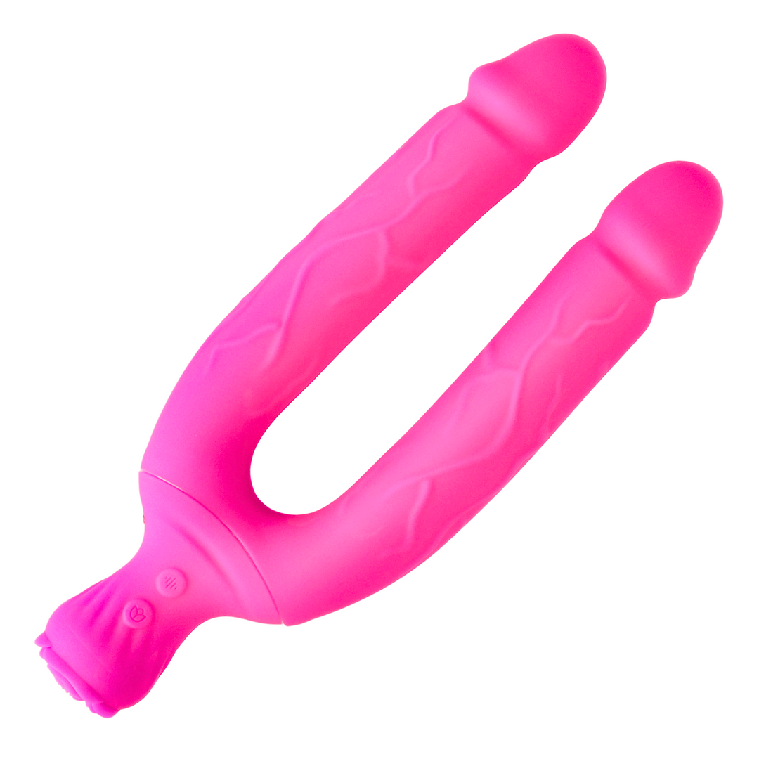 Full product view of Bendy Double Dildo Vibrator with Clit Teaser 
