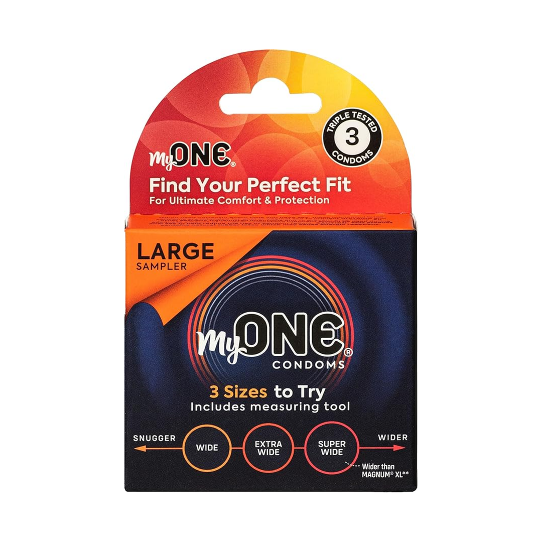 front side of My ONE Large Condoms Sampler 3-Pack packaging 