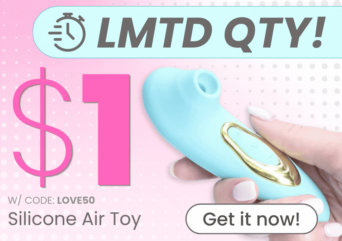 A hand holding a light blue and gold silicone air toy against a light pink dotted background with promotional text including '$1' and 'W/ CODE: LOVE50 Silicone Air Toy'. A GIF with the words 'lmtd time!' flashing