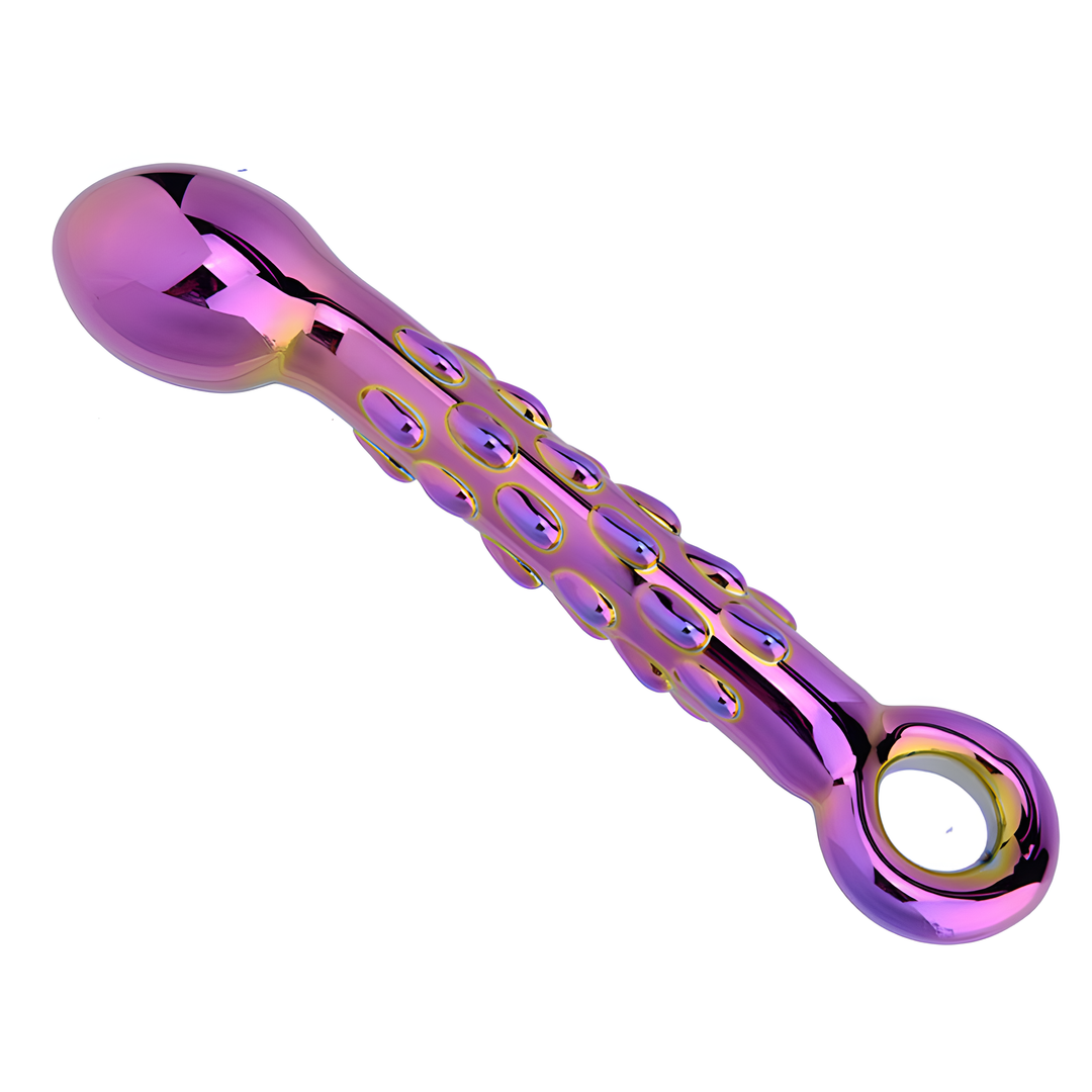 Rainbow Galaxy Glass Prostate Pull Plug & Nubby G-Spot Wand showing the different variations of color on the product.