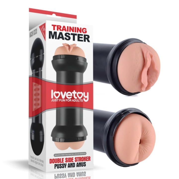 Training Master Double Side Stroker Pussy and Anus as seen next to packaging 