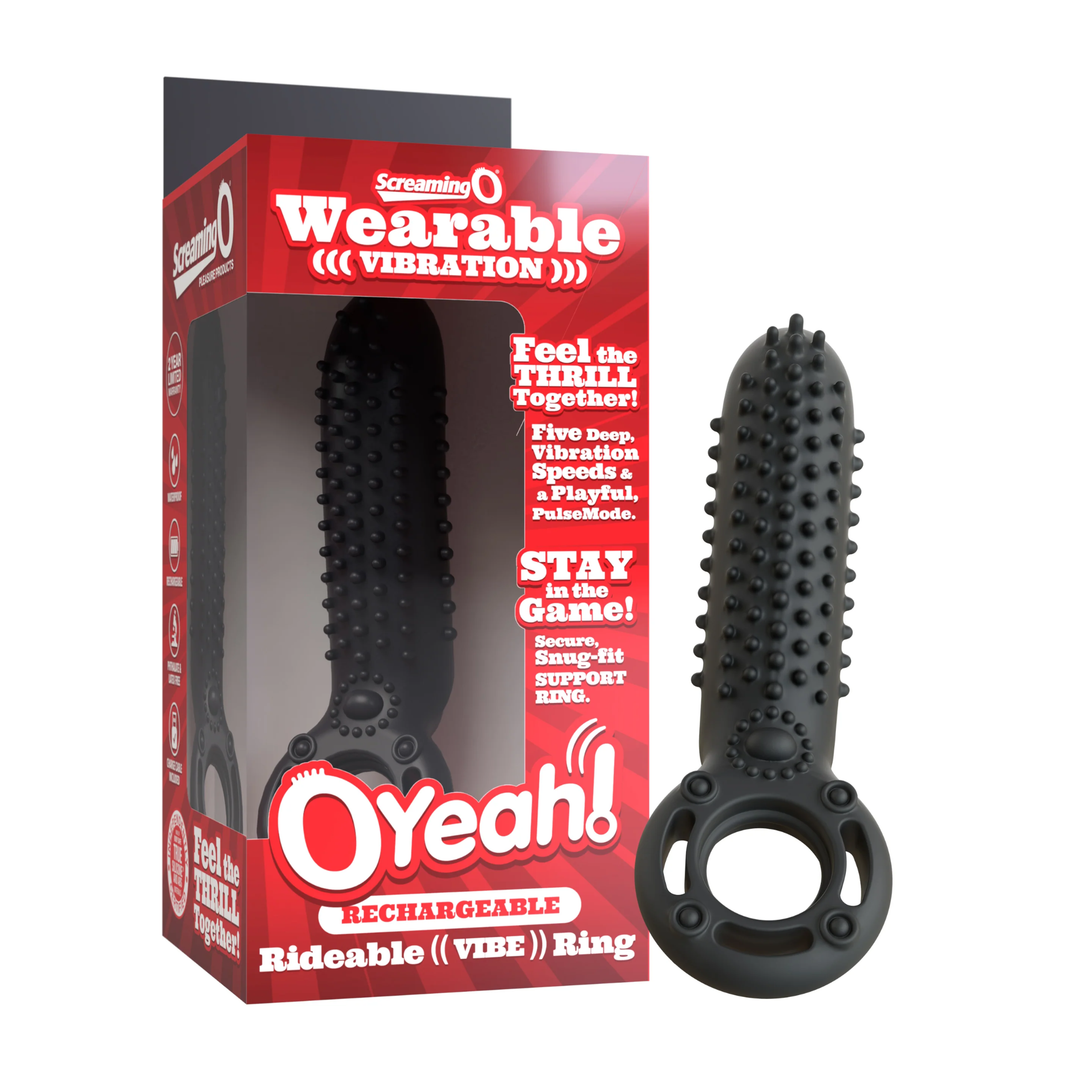 Screaming O OYeah! Rechargeable Silicone Cock Ring as seen next to packaging 