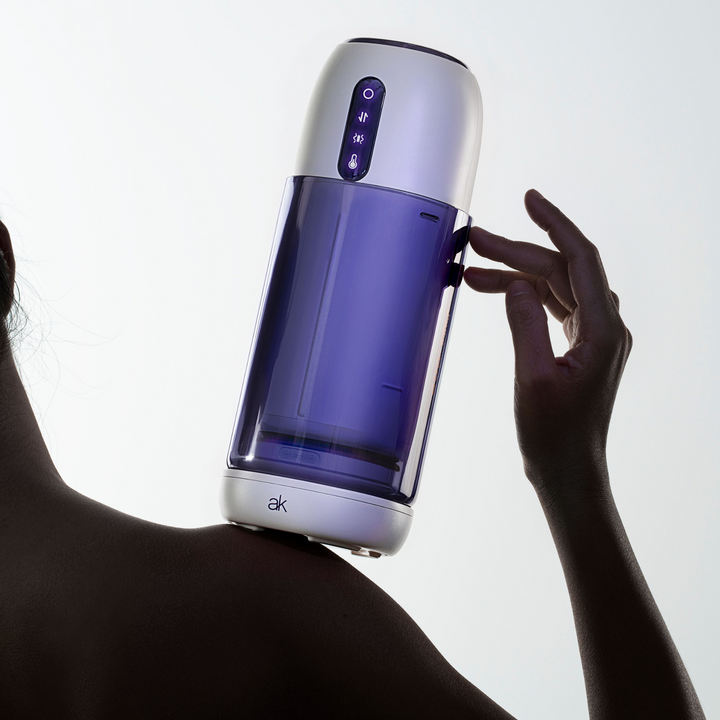 Super Series Adjustable Length Masturbator - woman balancing device on her shoulder