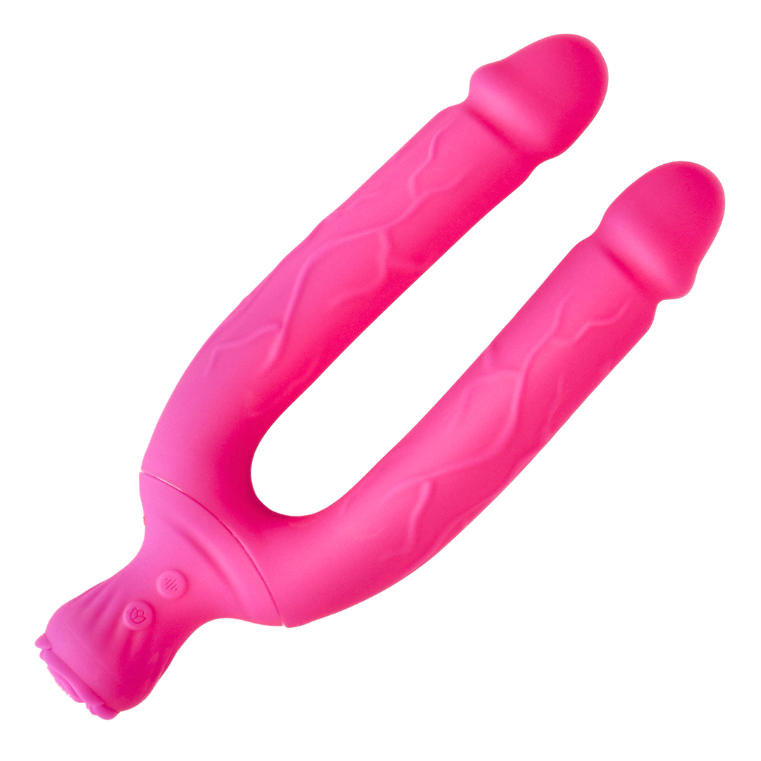 full product view of Bendy Silicone Double Dildo Vibrator with Clit Teaser 