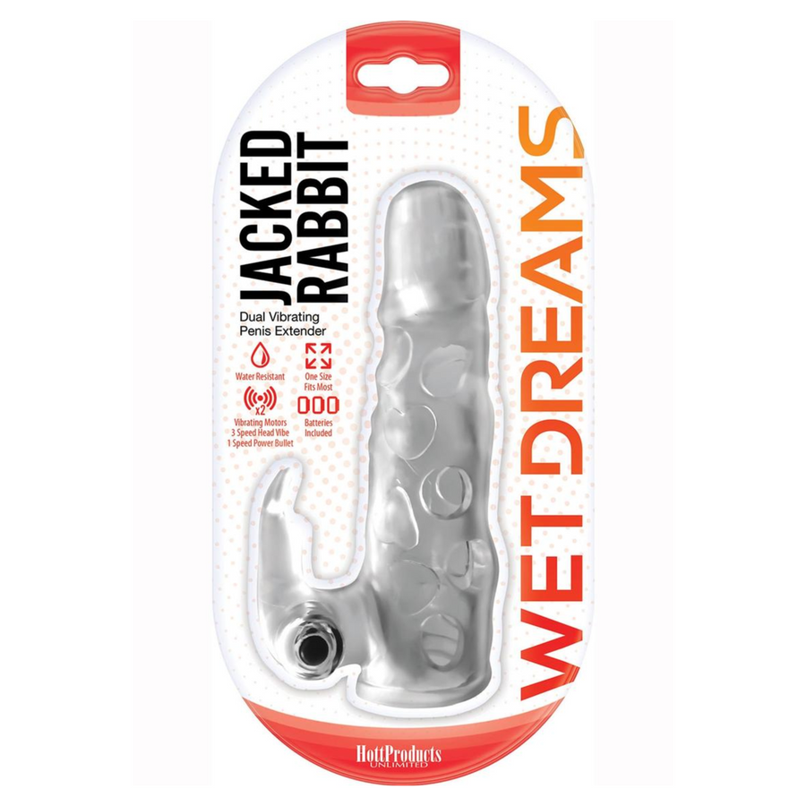 Wet Dreams Jacked Rabbit Silicone Penis Extender - Clear, as seen inside of manufacturer's packaging 
