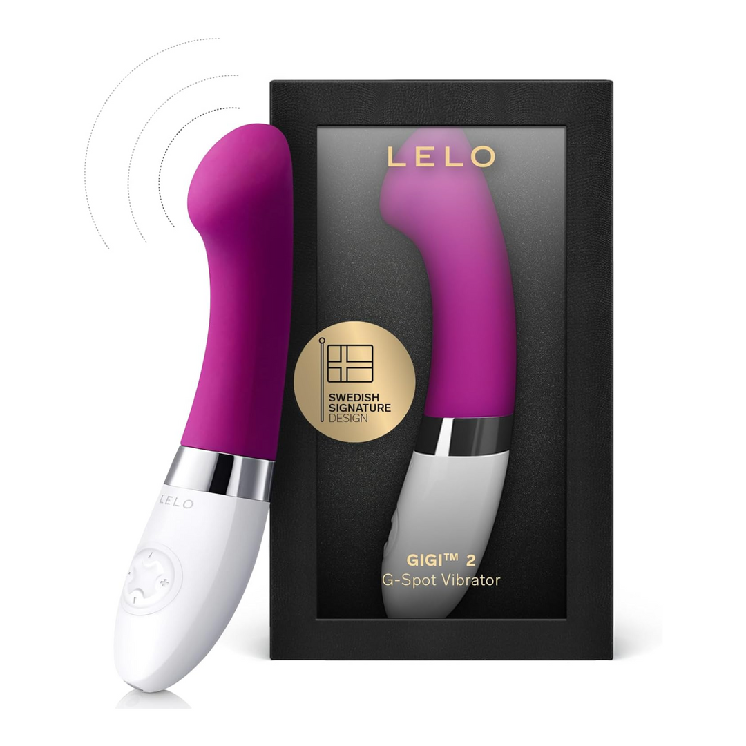 Lelo Gigi 2 in deep rose color as seen inside packaging 