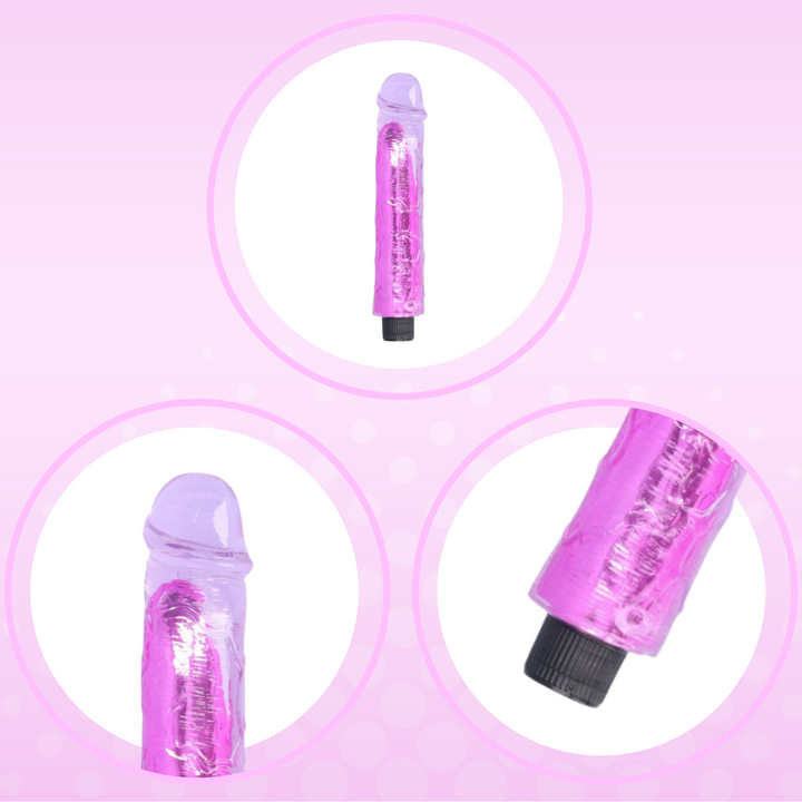Various angles of the 8 inch long vibrating dildo