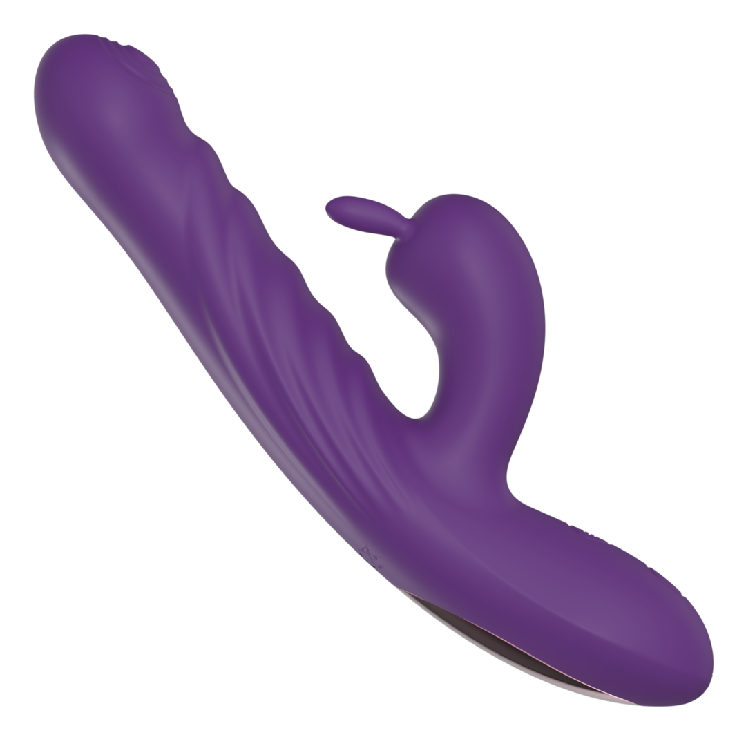 A purple silicone personal massager with a curved main shaft, a smaller secondary bulb, and a textured inner surface, shown on a plain white background.