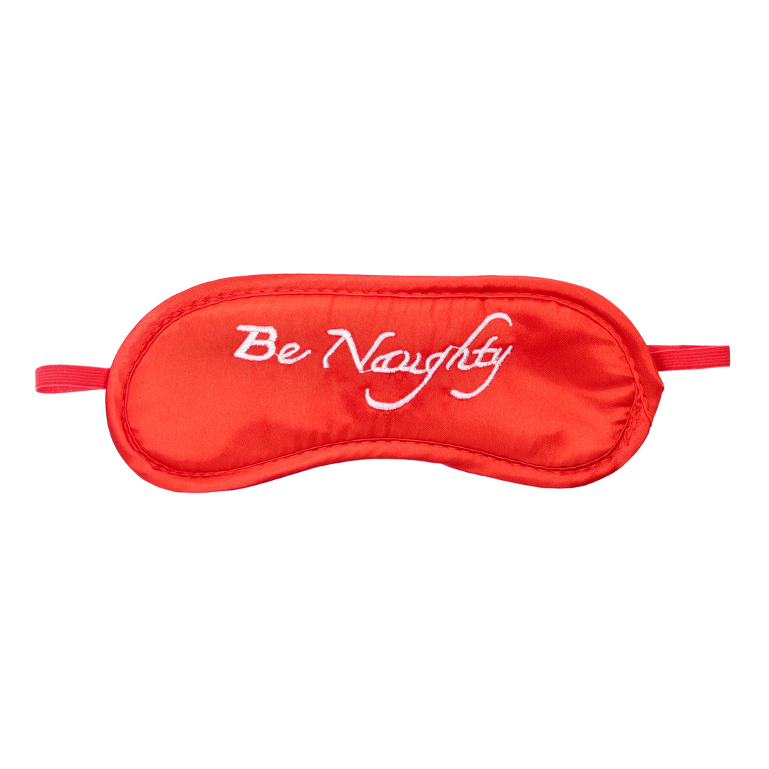 Red blindfold with words be naughty written
