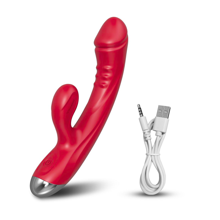 red The Hop To It Rabbit Vibrator as seen next to charging cable 