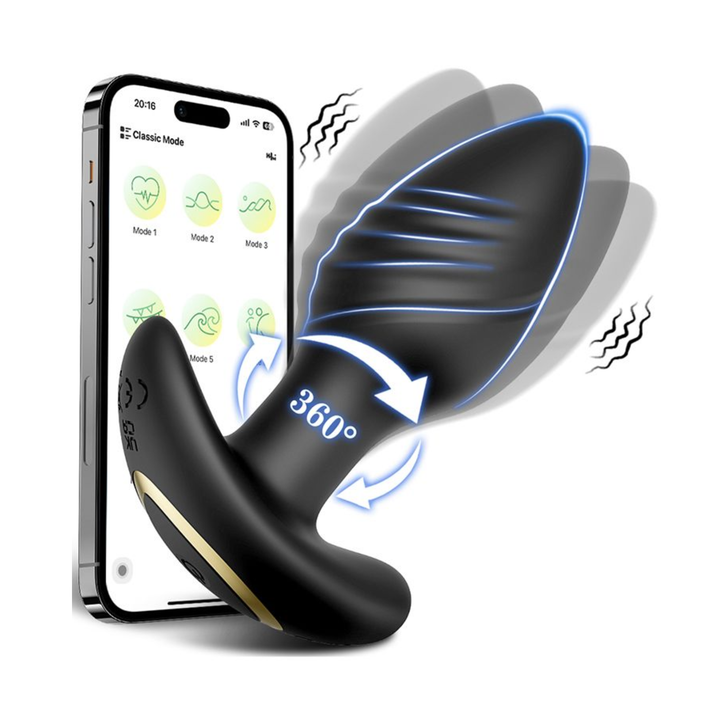 Vibrating and Rotating Butt Plug as seen next to app on phone 