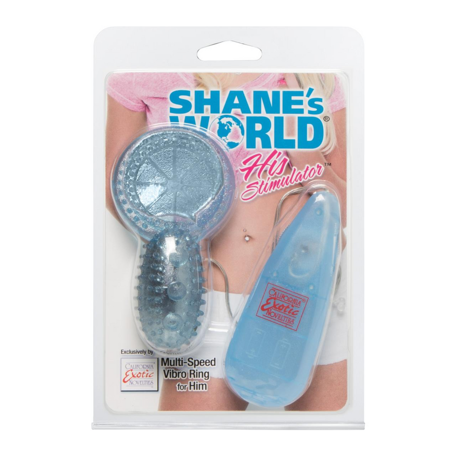 front side of Shane's World His Stimulator Vibrating Cock Ring with Wired Remote Control in blue, seen inside packaging 

