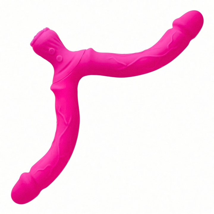 Bendy Silicone Double Dildo Vibrator with Clit Teaser dongs spread out 