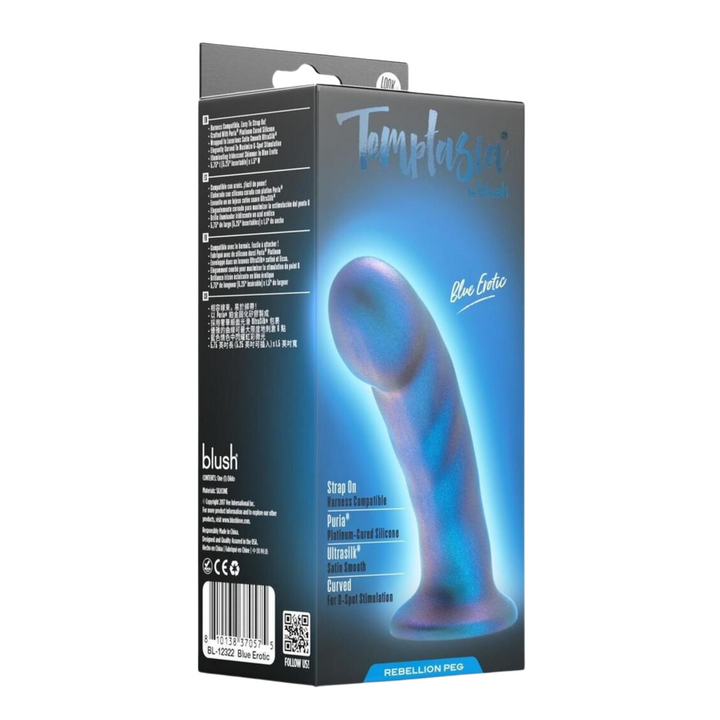 Temptasia Rebellion Peg Silicone Dildo as seen inside of packaging