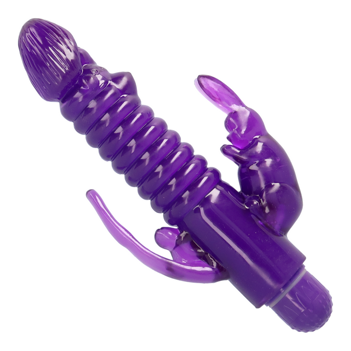 angled view of ribbed bunny vibe with textured tip 