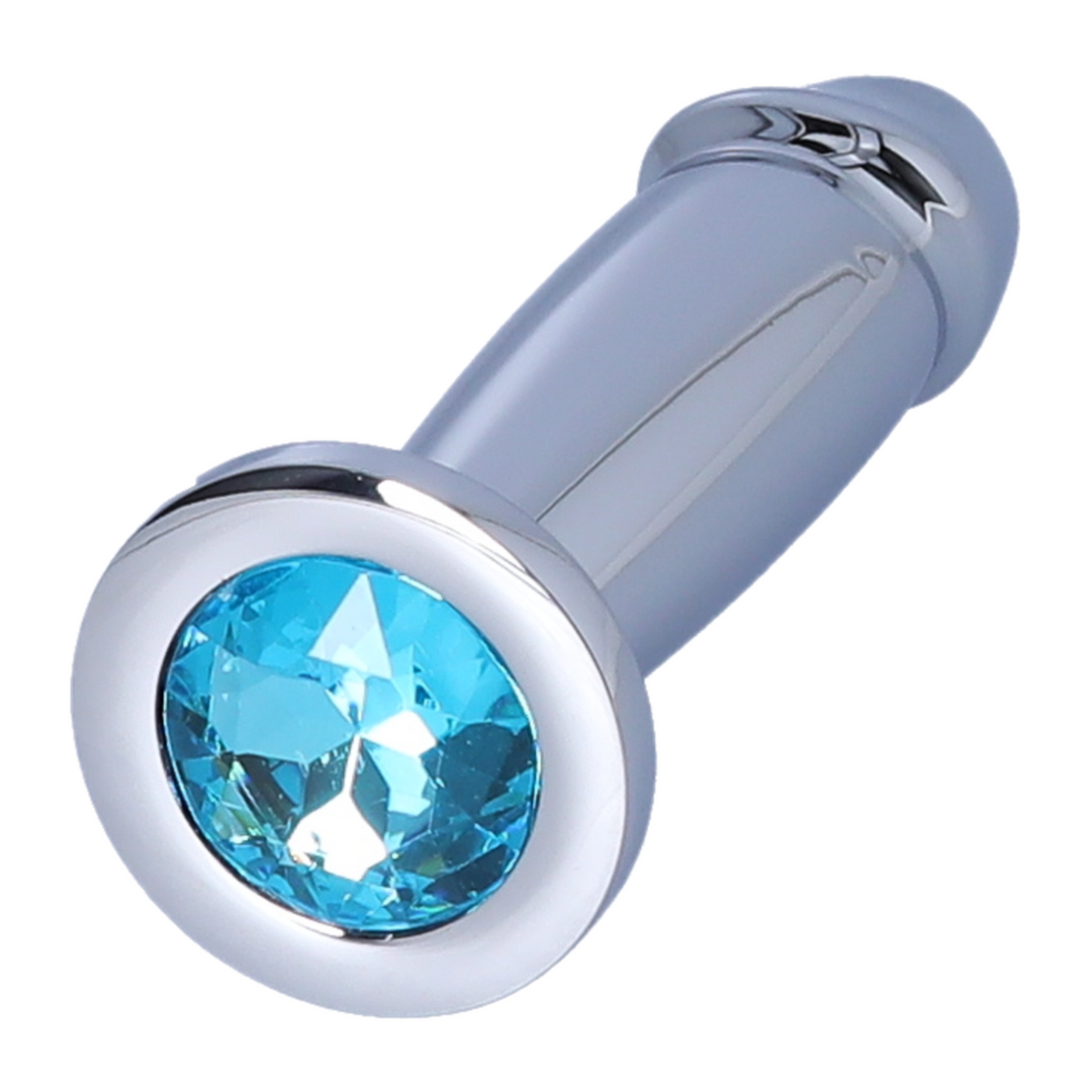 view of blue gem from Penis Shape Metal Anal Plug Dildo With Jewel 