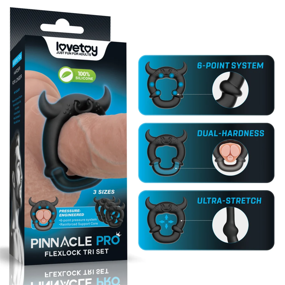 packaging for Pinnacle Pro Flexlock Tri Set Cock Ring