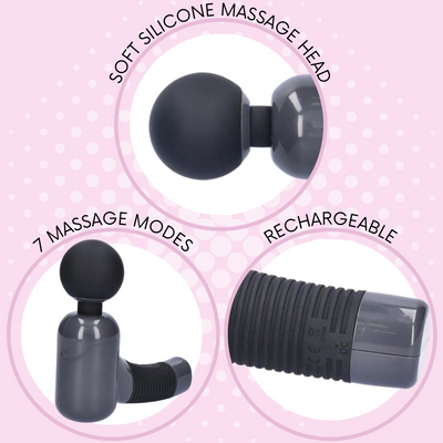 3 close-up views of the black body massager showing its soft silicone head, that is has 7 massage modes, and that it's rechargeable.
