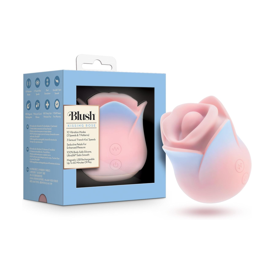 Blush collection Kissing Rose Rechargeable Silicone Clitoral Stimulator as seen inside of packaging 