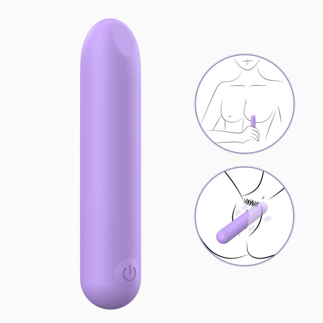 Vibrating Rechargeable Bullet drawing of it being used on breasts and clit 